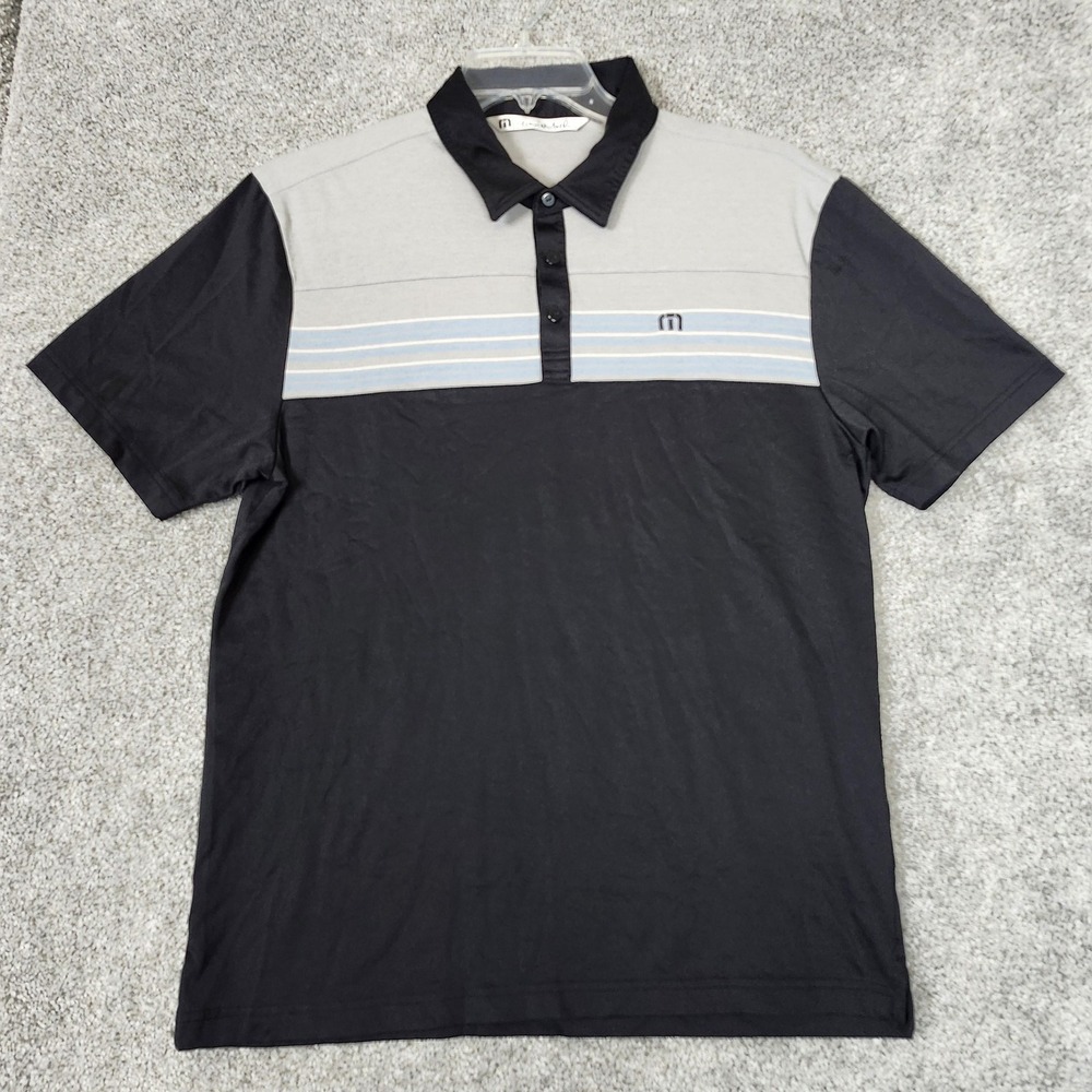 Travis Mathew Polo Shirt Mens Large Black Gray Blue Striped Golf Pima Cotton